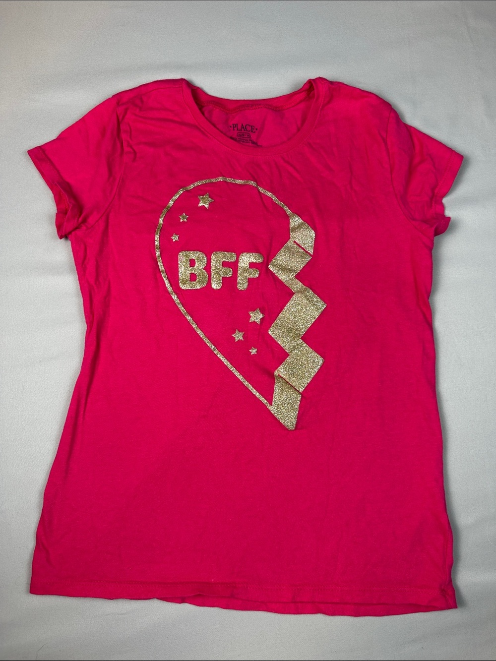 The Children's Place Girls Hot Pink Tee Gold Glitter BFF Heart XL 14